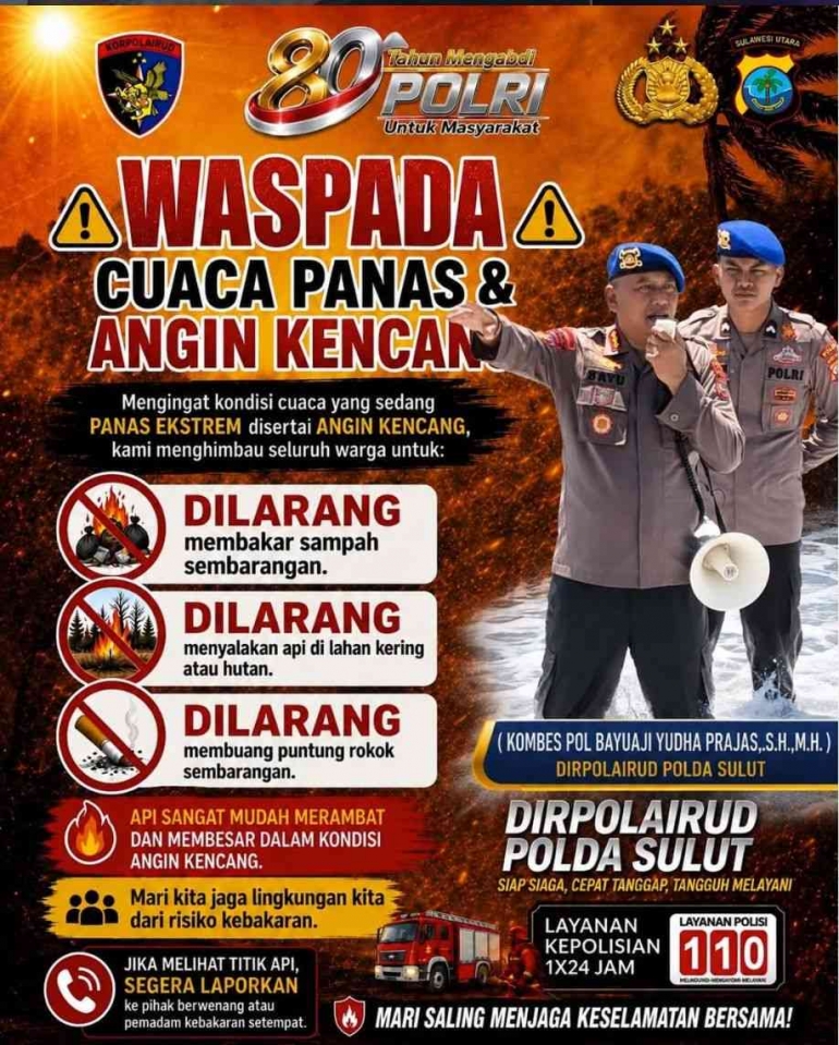 Dirpolairud Polda Sulut Imbau Waspada Cuaca Panas
